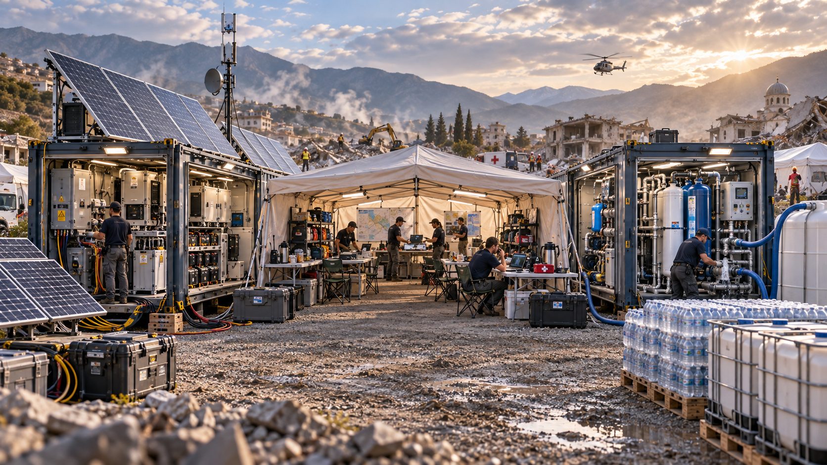 EWCAC unit in operation after an earthquake: energy container with solar panels, covered coordination hub and water treatment container
