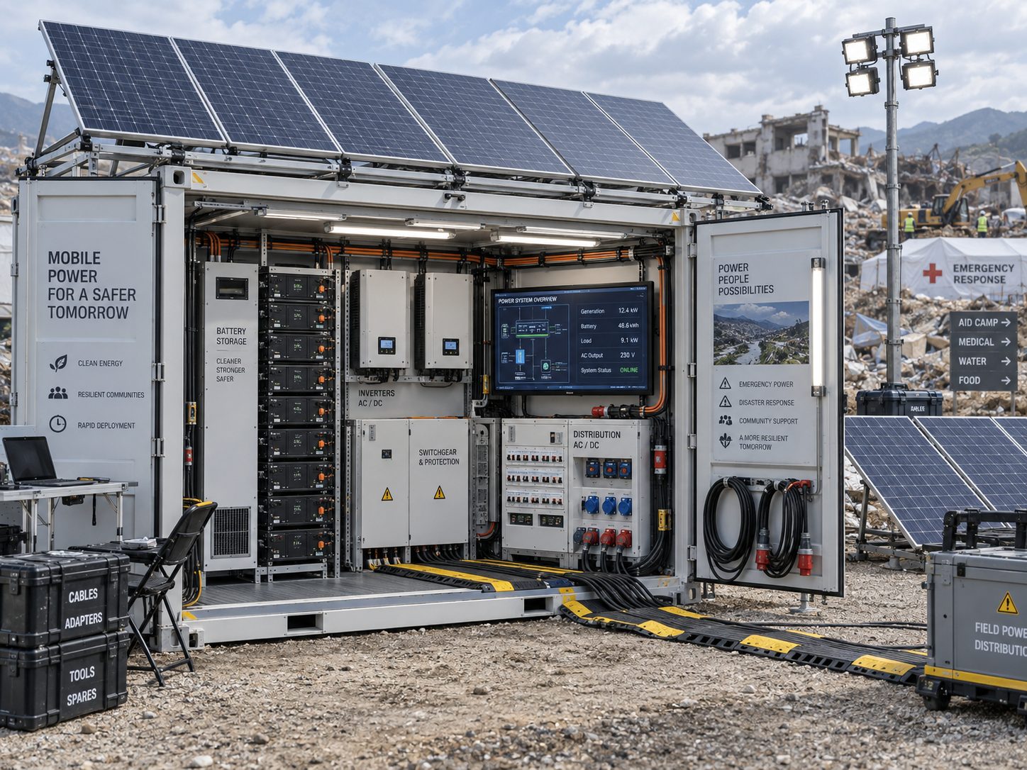 Open energy container with roof-mounted solar panels, battery storage, inverters, switchgear and power distribution
